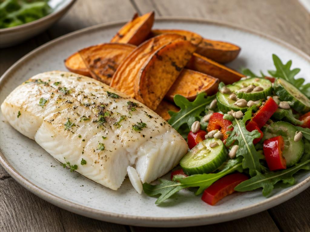 Baked Cod with Sweet Potato & Rocket Salad
